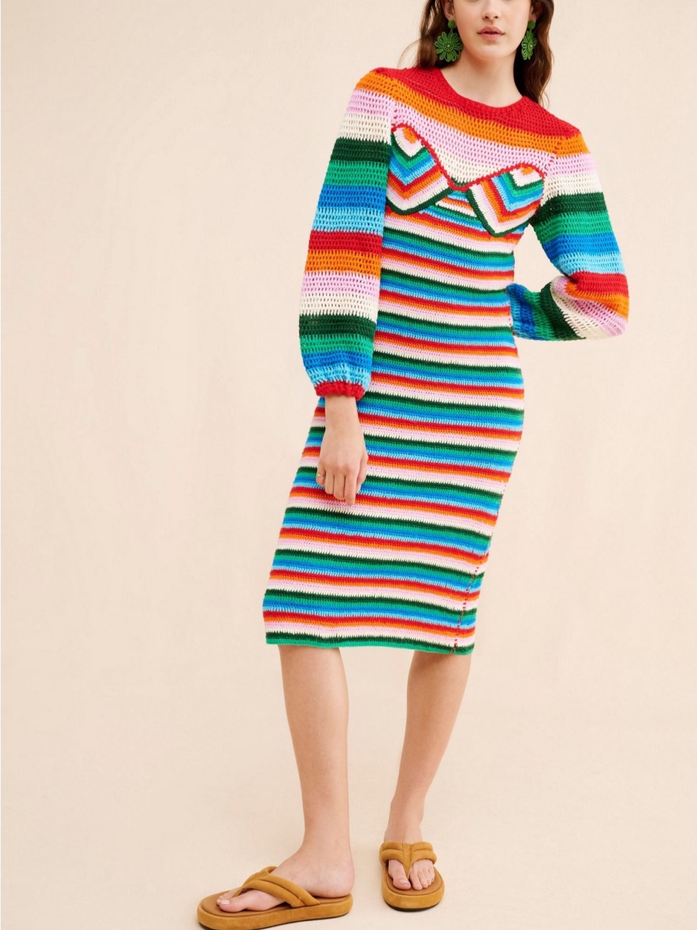 FARM Rio Rainbow Striped Crochet Midi Dress